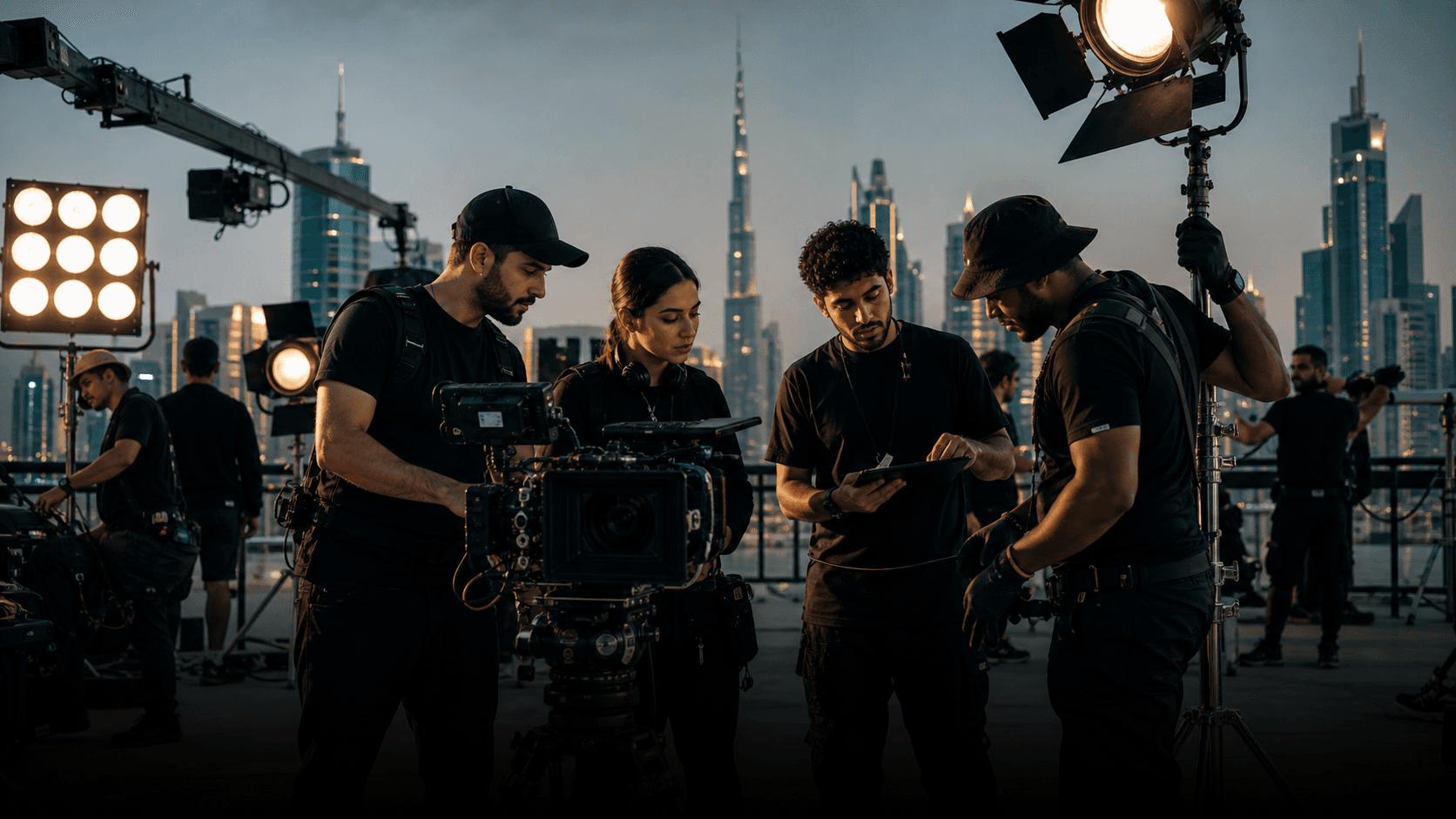 Local film crew preparing a camera setup in Dubai