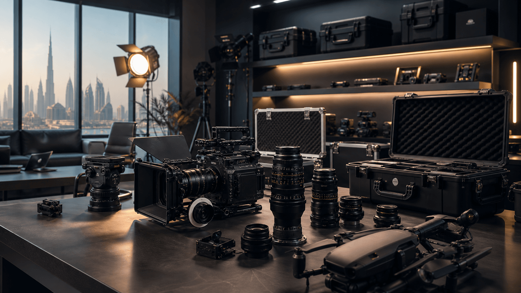 Professional cinema cameras, lenses, lights, and cases in a Dubai rental room